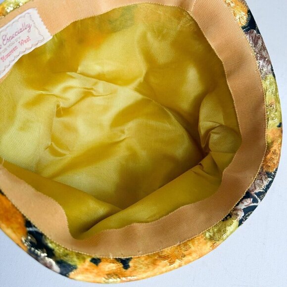 Vintage Custom Made Floral Orange Brown Gold Lurex Pill Box Hat M